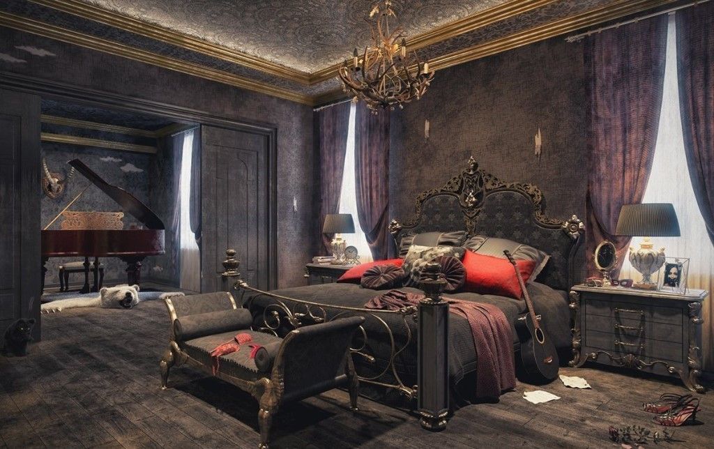 Готическая спальня со шторами